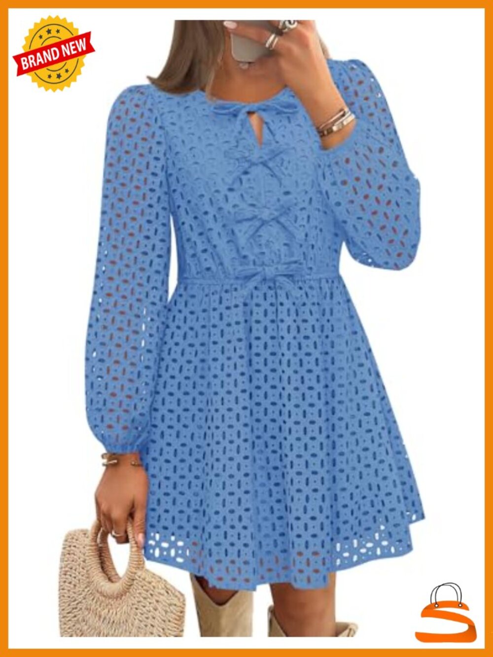 ZESICA Women's Long Sleeve Mini Dress Hollow Out Tie Front Babydoll